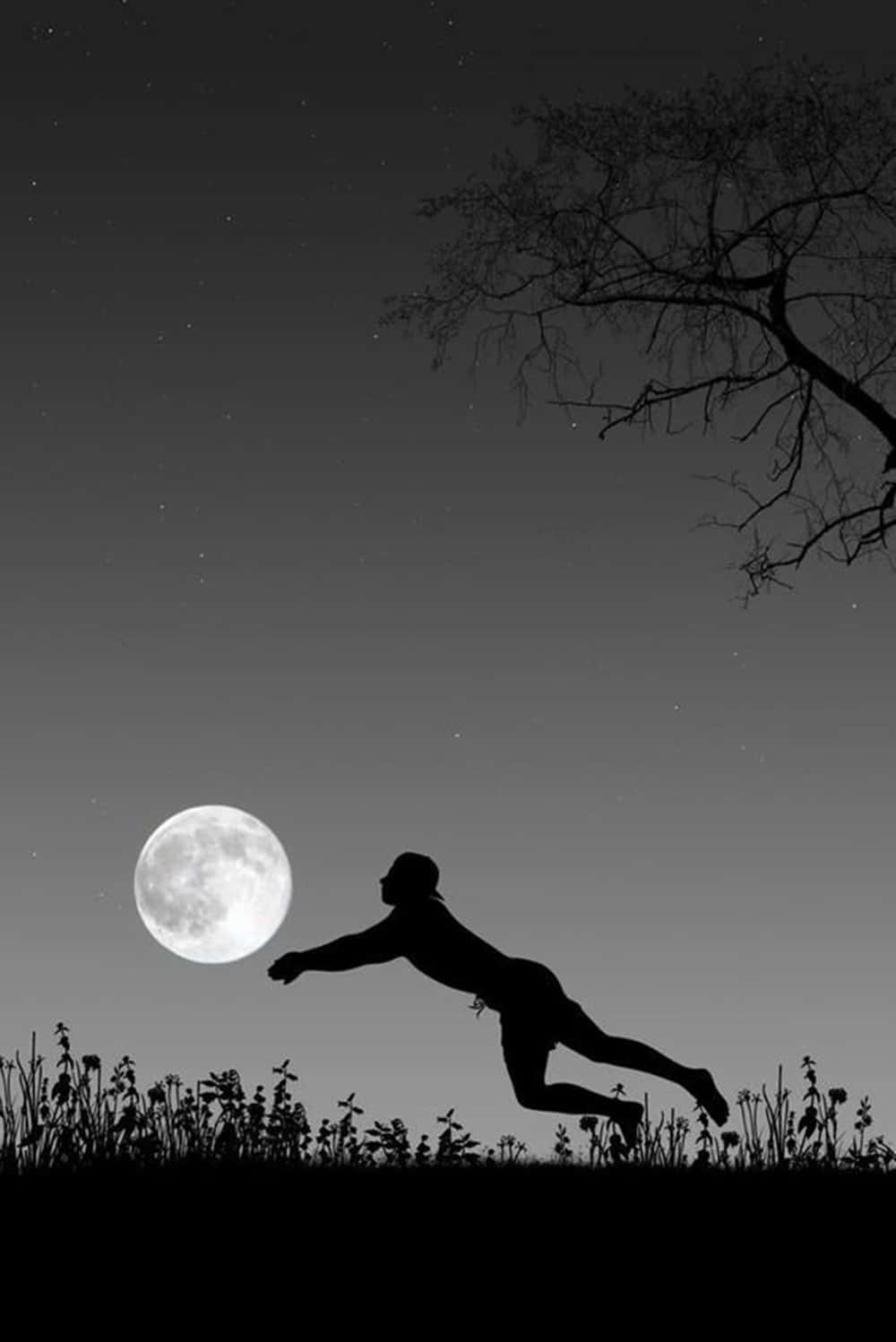 Cute Silhouette Man Playing Moon As Volleyball Background