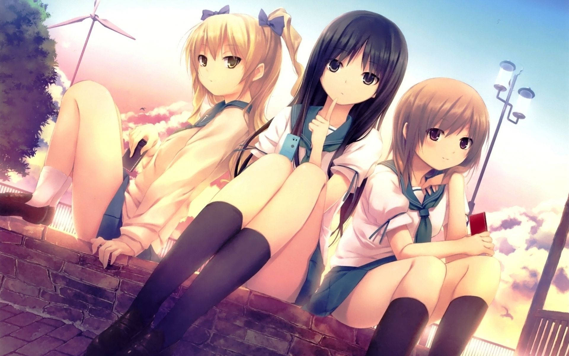 Cute Sitting Anime Girls Background