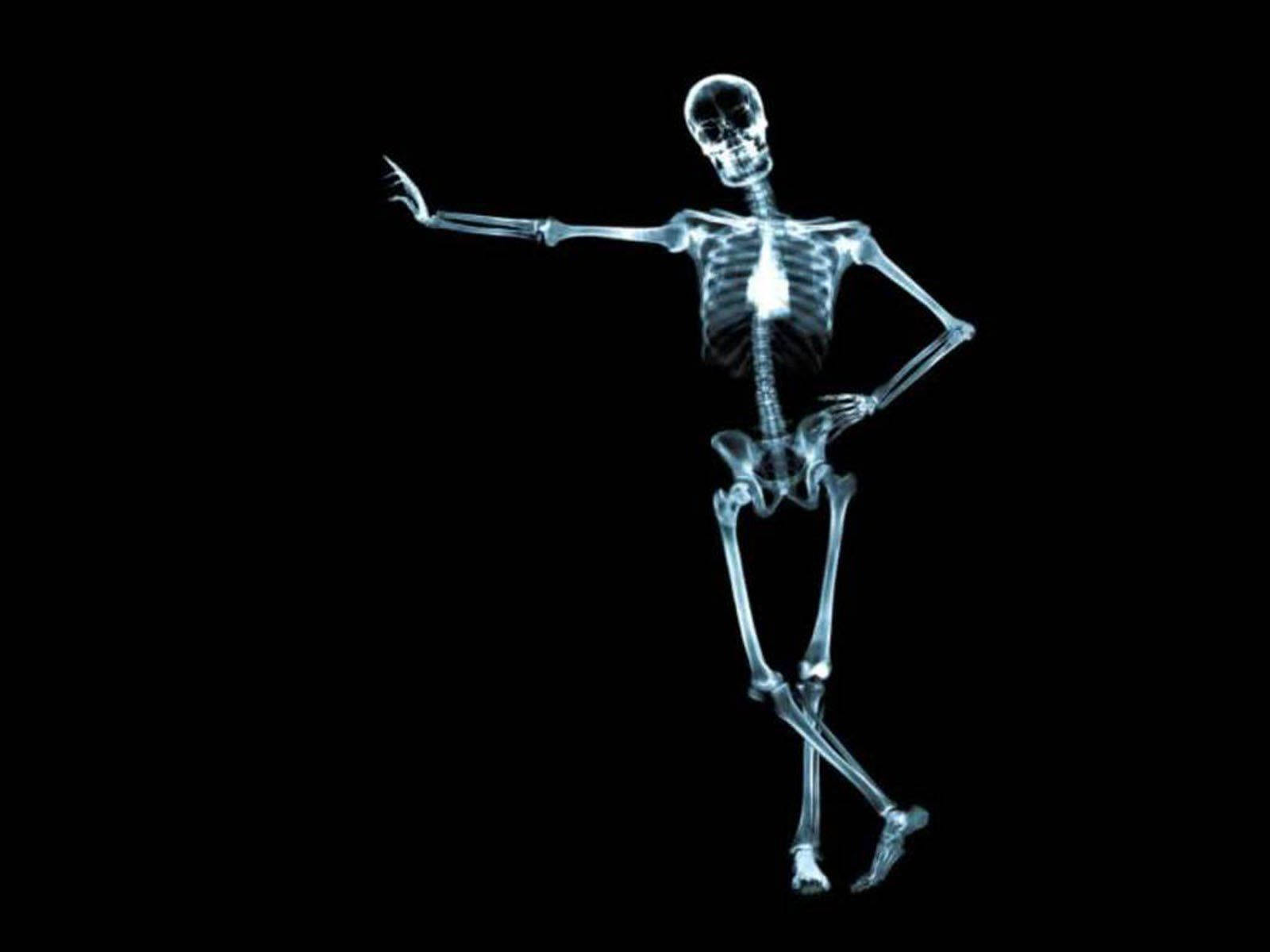 Cute Skeleton Leaning Against A Wall Background