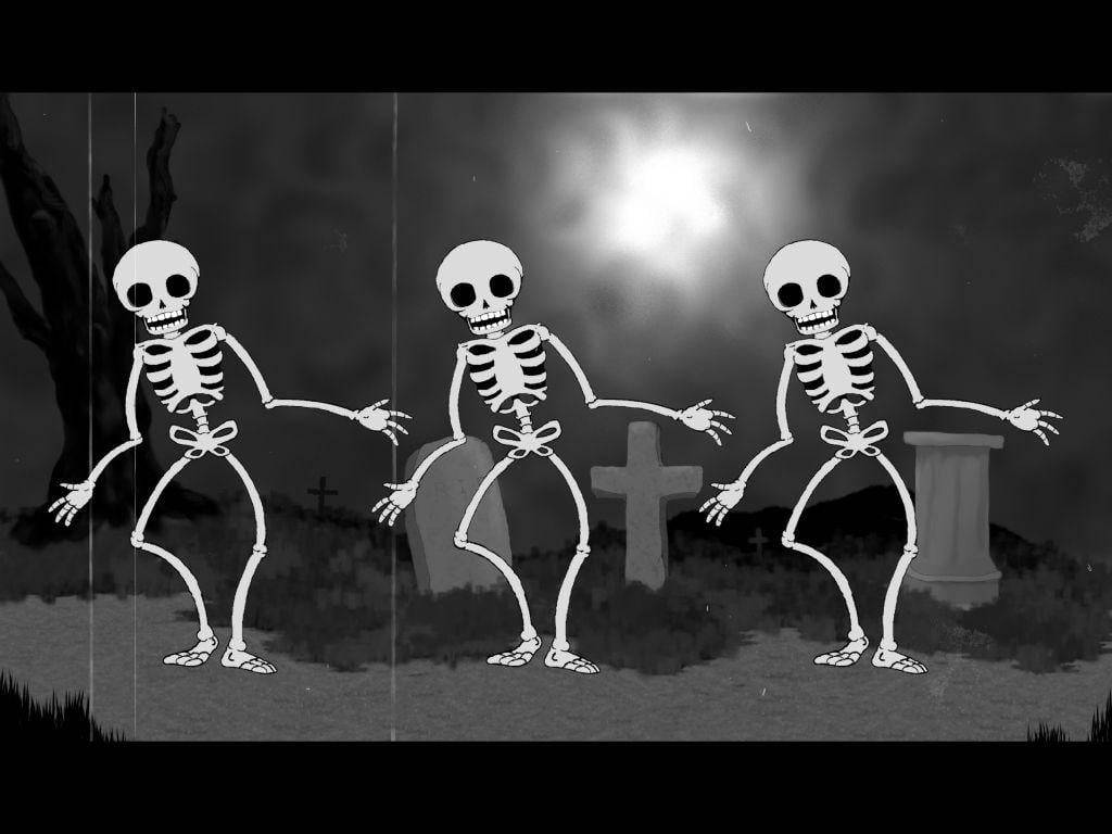 Cute Skeleton Trio Dancing In The Graveyard