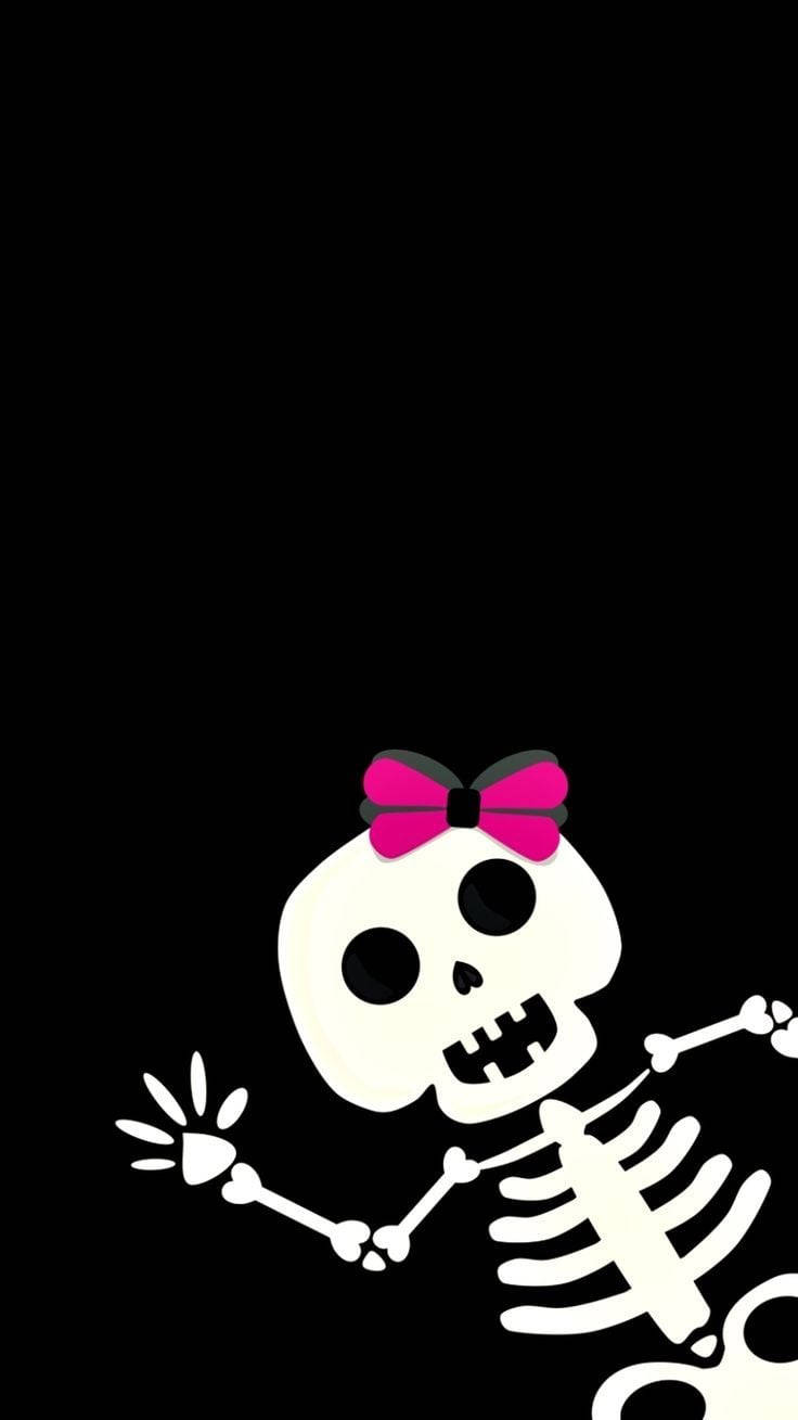 Cute Skeleton With A Pink Ribbon Background