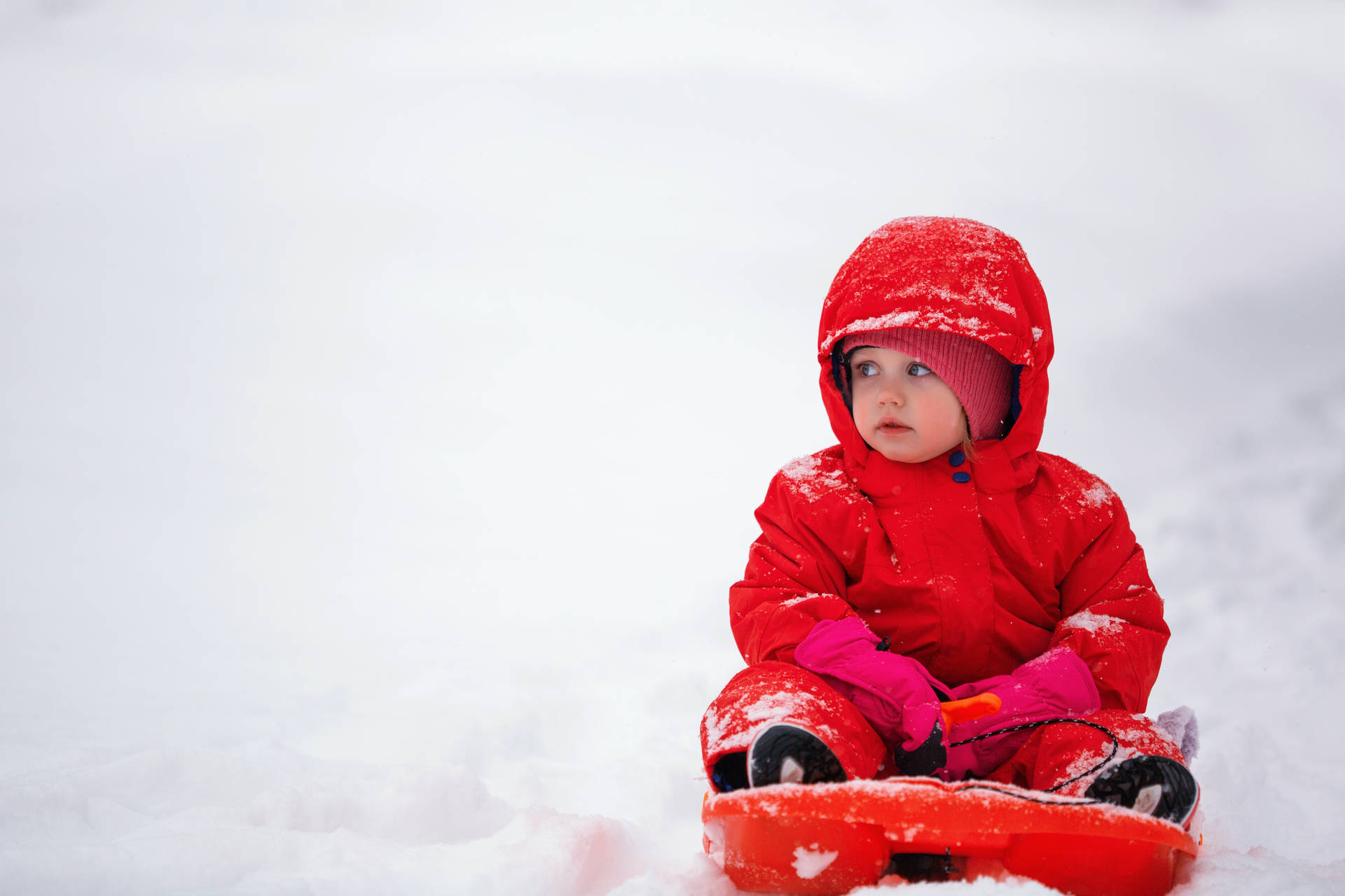 Cute Sledding Baby In Red Winter Clothes