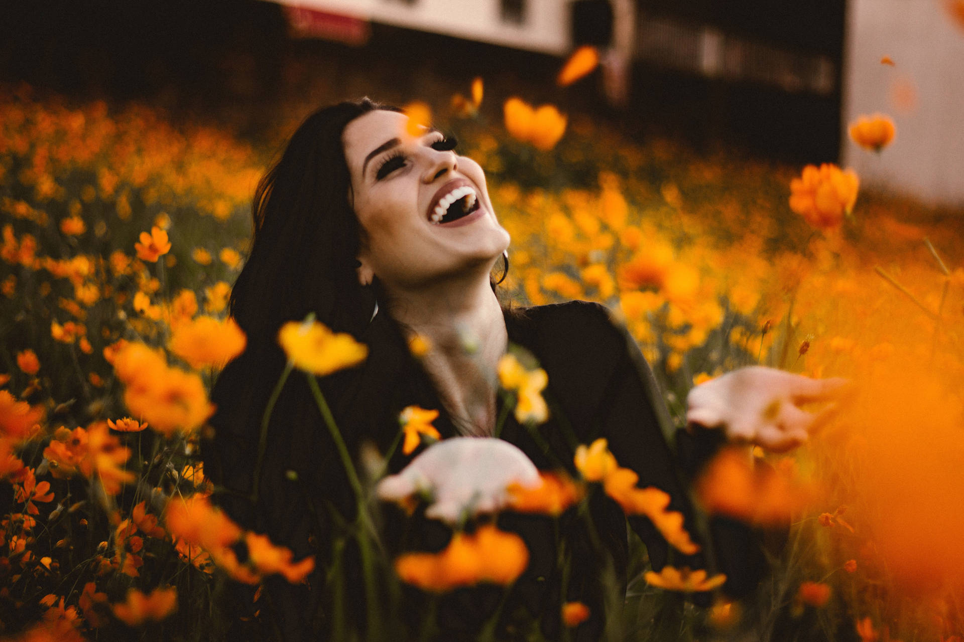 Cute Smile Woman With Yellow Flowers Background