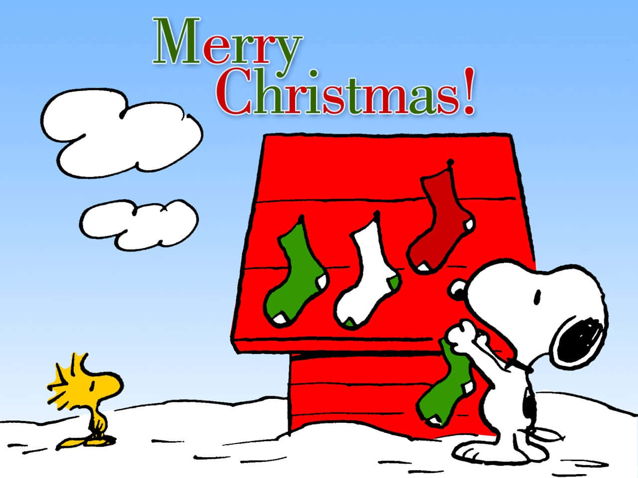 Cute Snoopy Christmas Decorating Kennel With Stockings Background