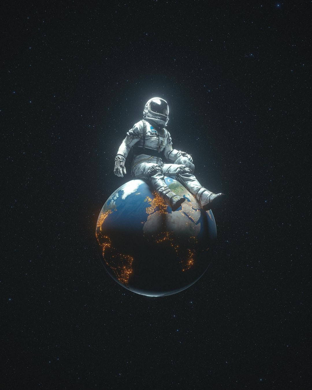 Cute Spaceman Resting On Earth Background