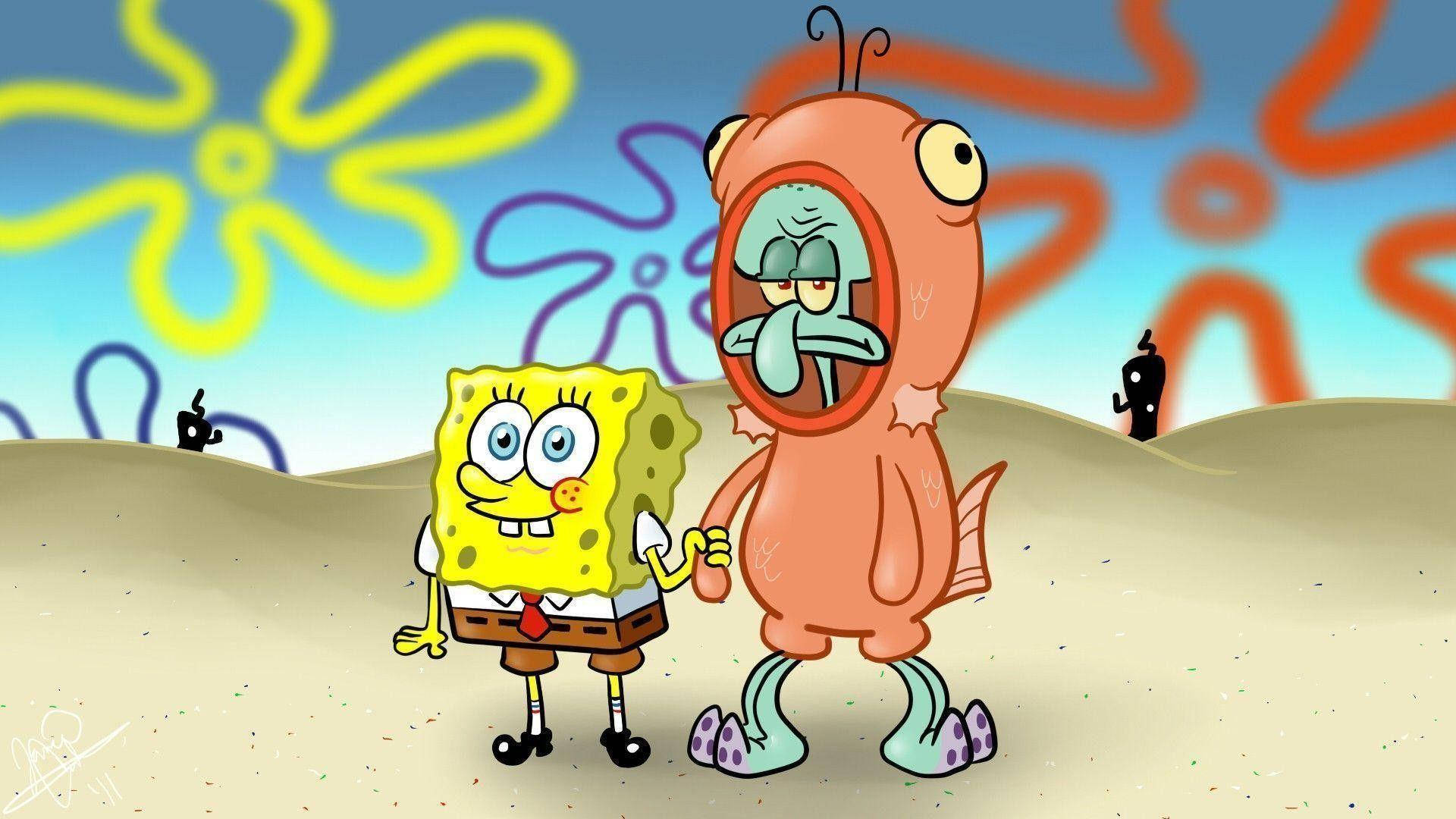 Cute Spongebob And Annoyed Squidward Holding Hands Background