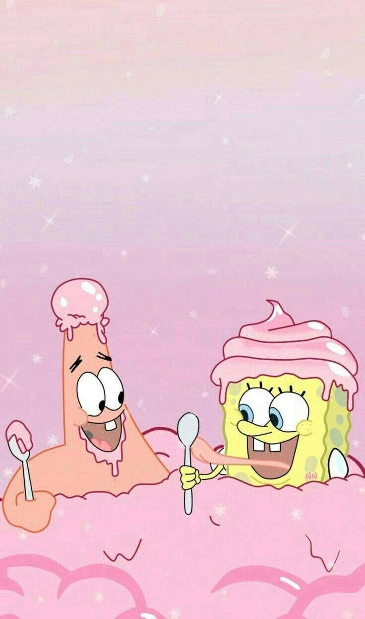 Cute Spongebob And Patrick Eating Ice Cream Background