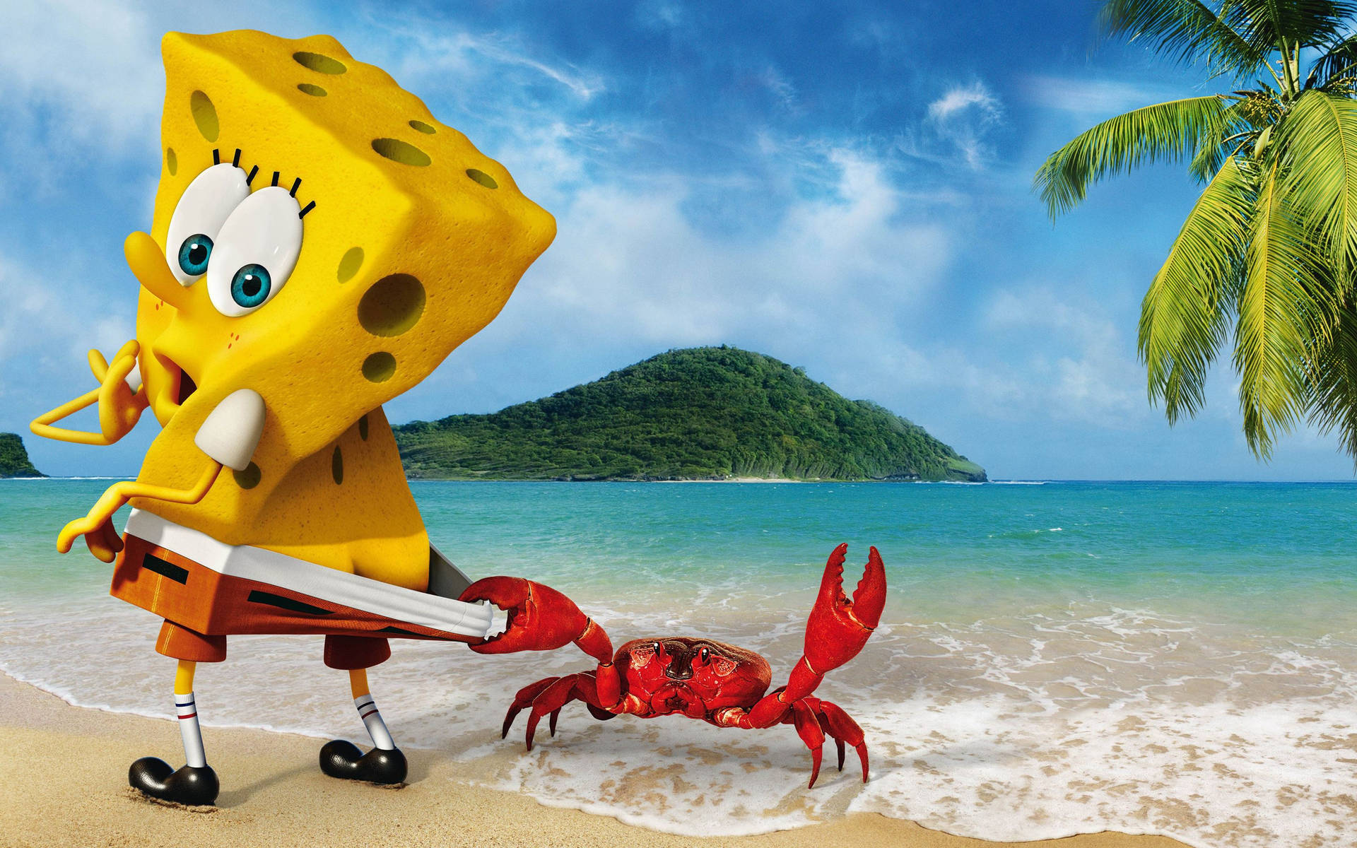 Cute Spongebob Square Pants Pinched By Crab Background