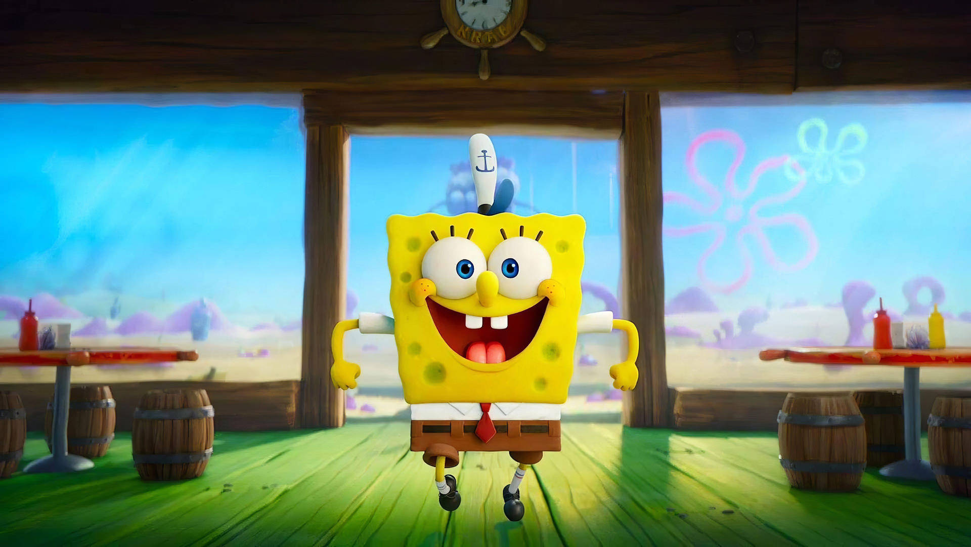 Cute Spongebob Squarepants Entering Krusty Crab Background