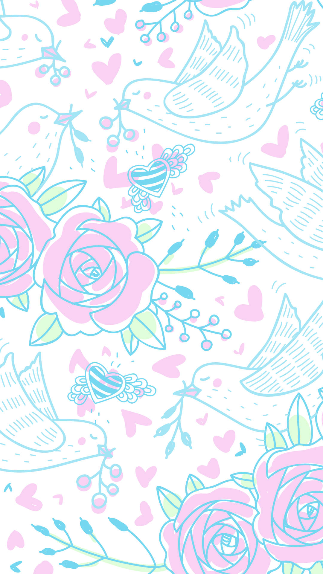 Cute Spring Phone Line Flowers, Birds Background