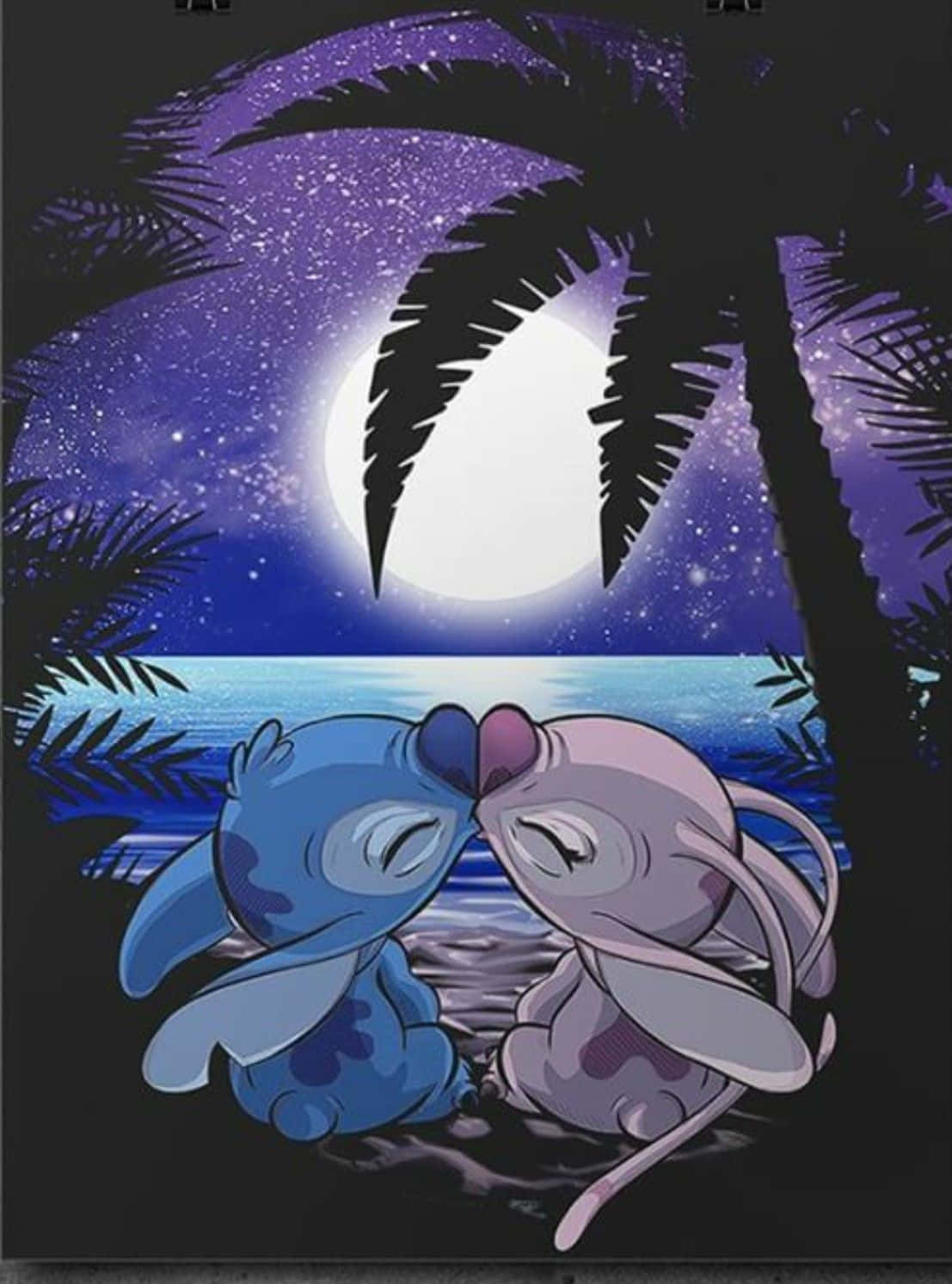 Cute Stitch And Angel Kissing At The Sea Background