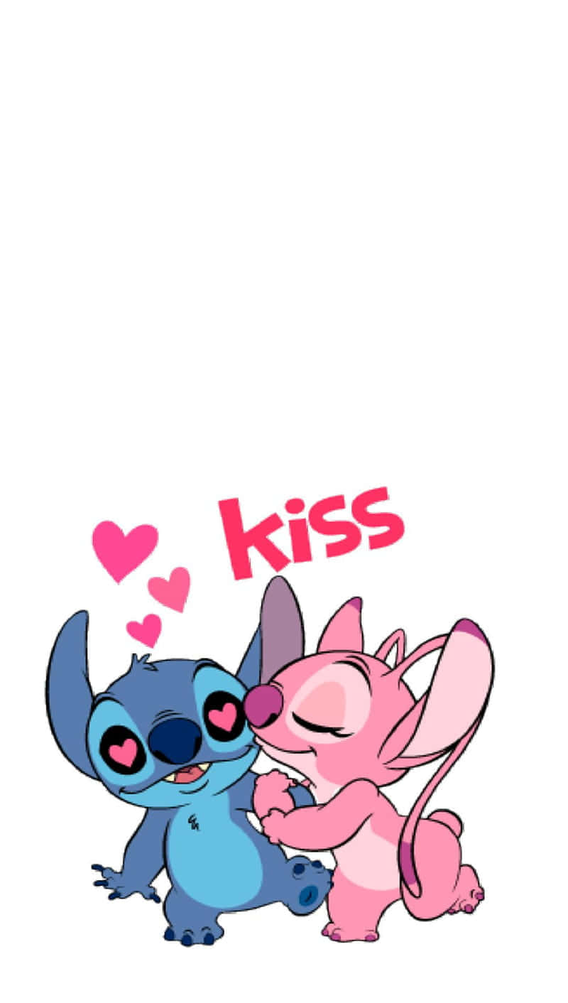 Cute Stitch And Angel Kissing On Cheek Background