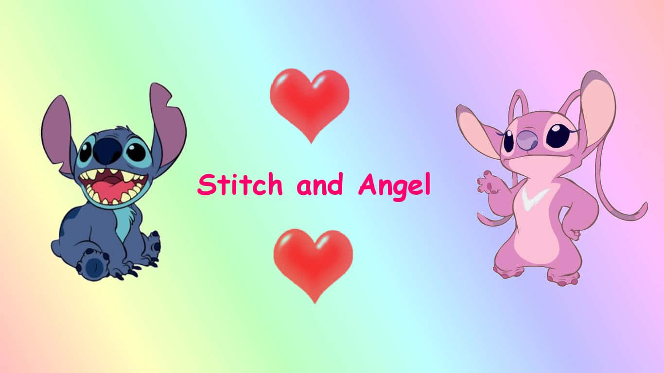 Cute Stitch And Angel Love In Rainbow Pastel Background