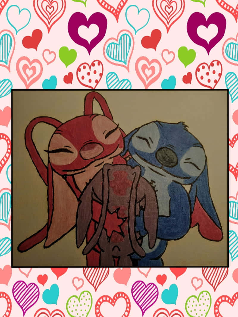 Cute Stitch And Angel With Colorful Hearts