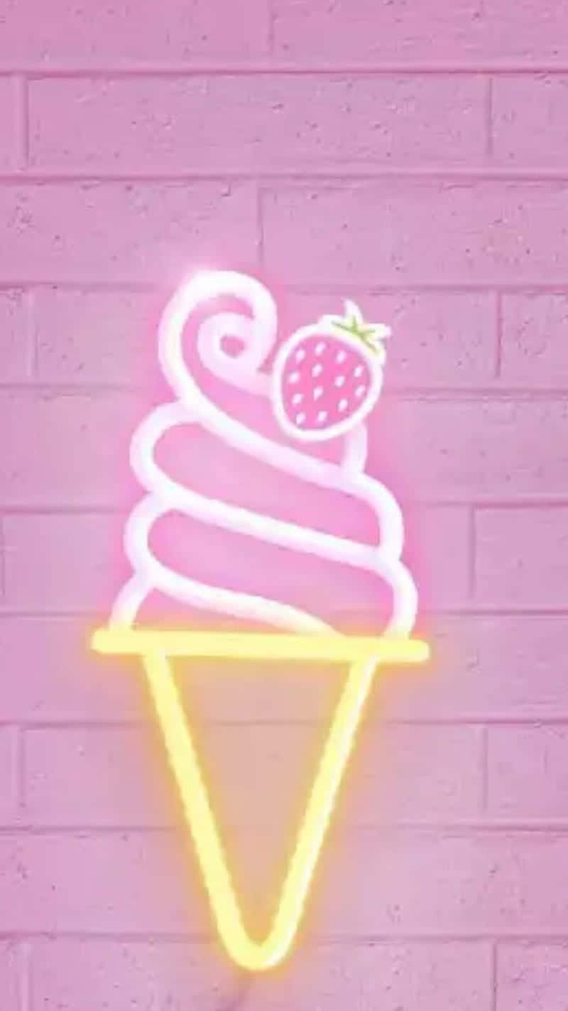 Cute Strawberry Ice Cream Neon Sign Background