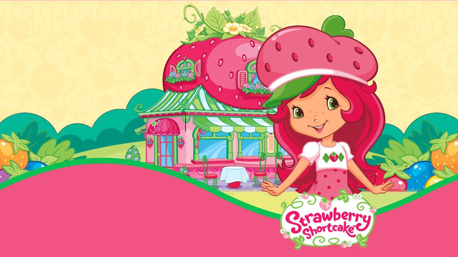 Cute Strawberry Shortcake With House Background
