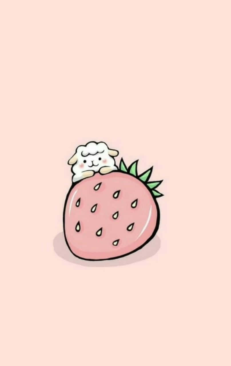 Cute Strawberry With Little Alpaca Cartoon Background