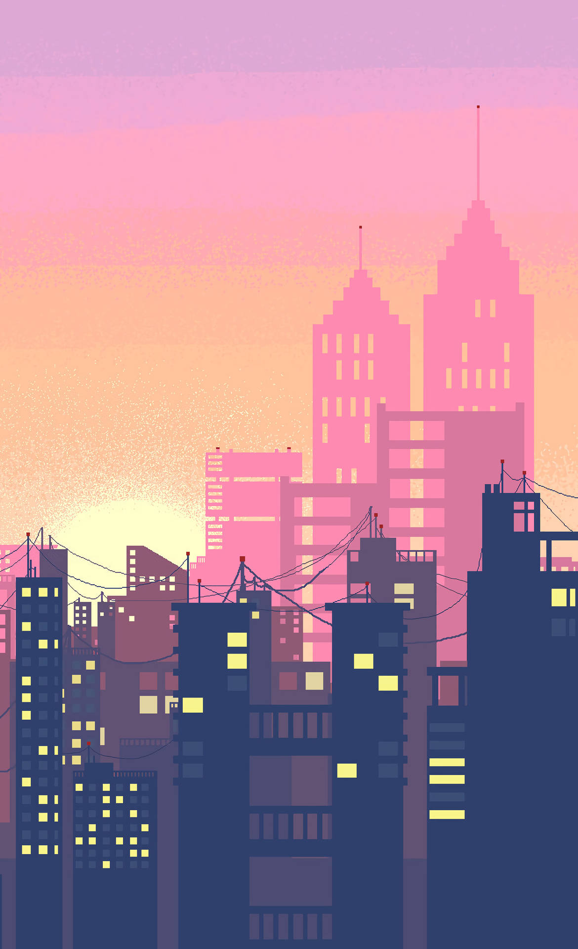 Cute Synthwave City Art Background