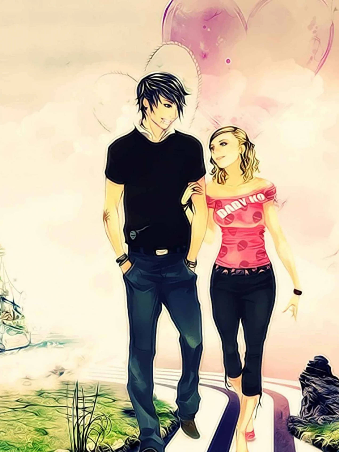 Cute Teen Cartoon Couple Background
