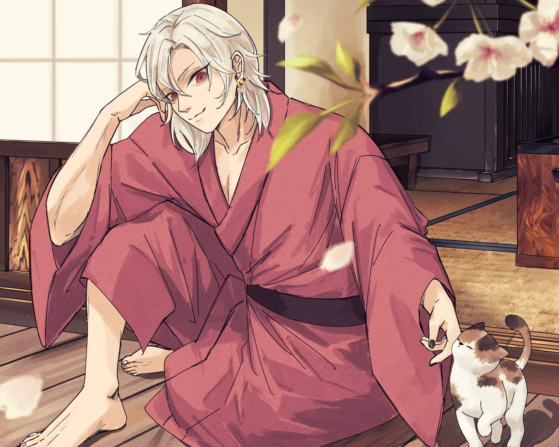 Cute Tengen Uzui With Cat Background
