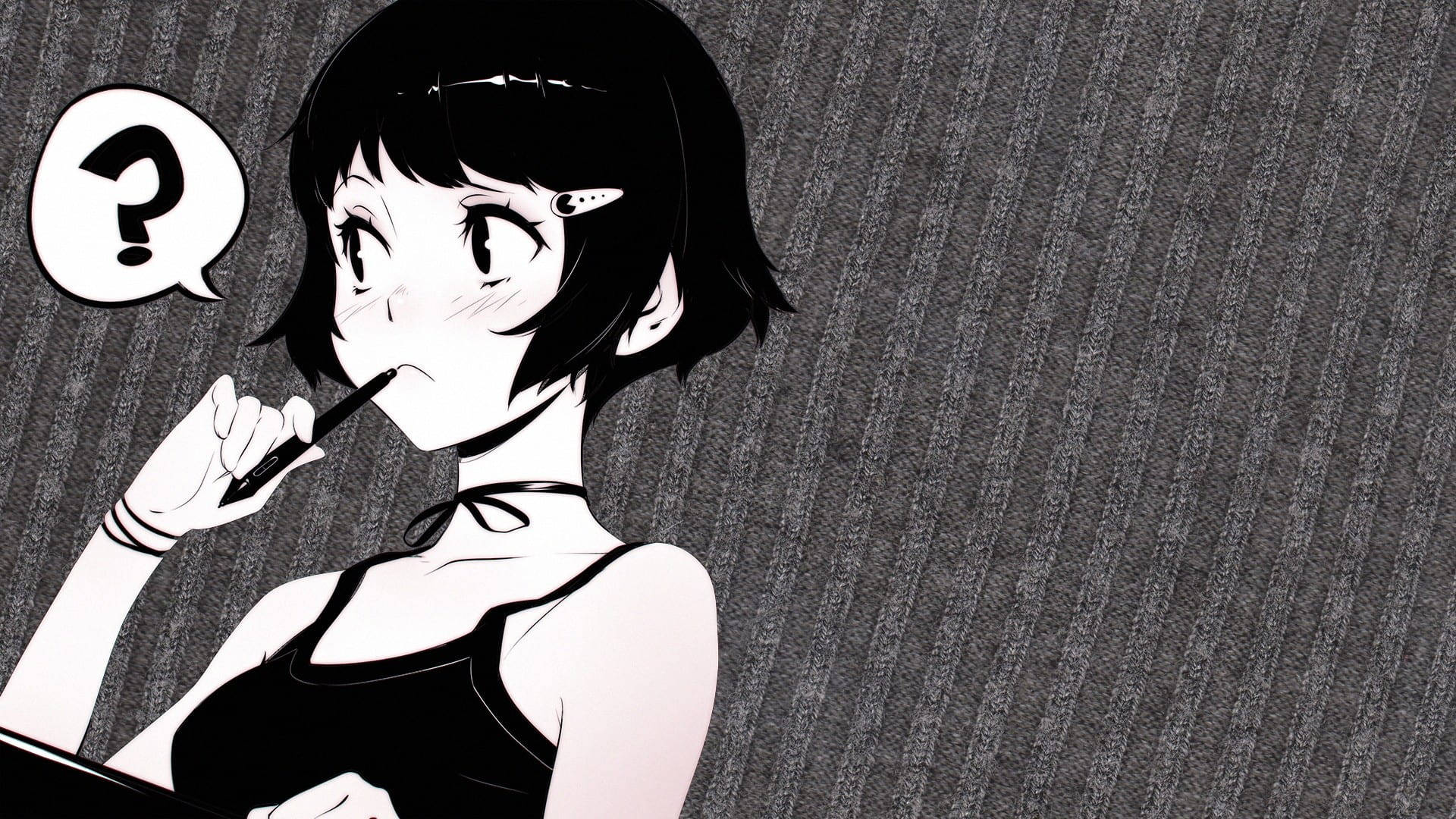 Cute Thinking Anime Girl Black And White Pfp Background