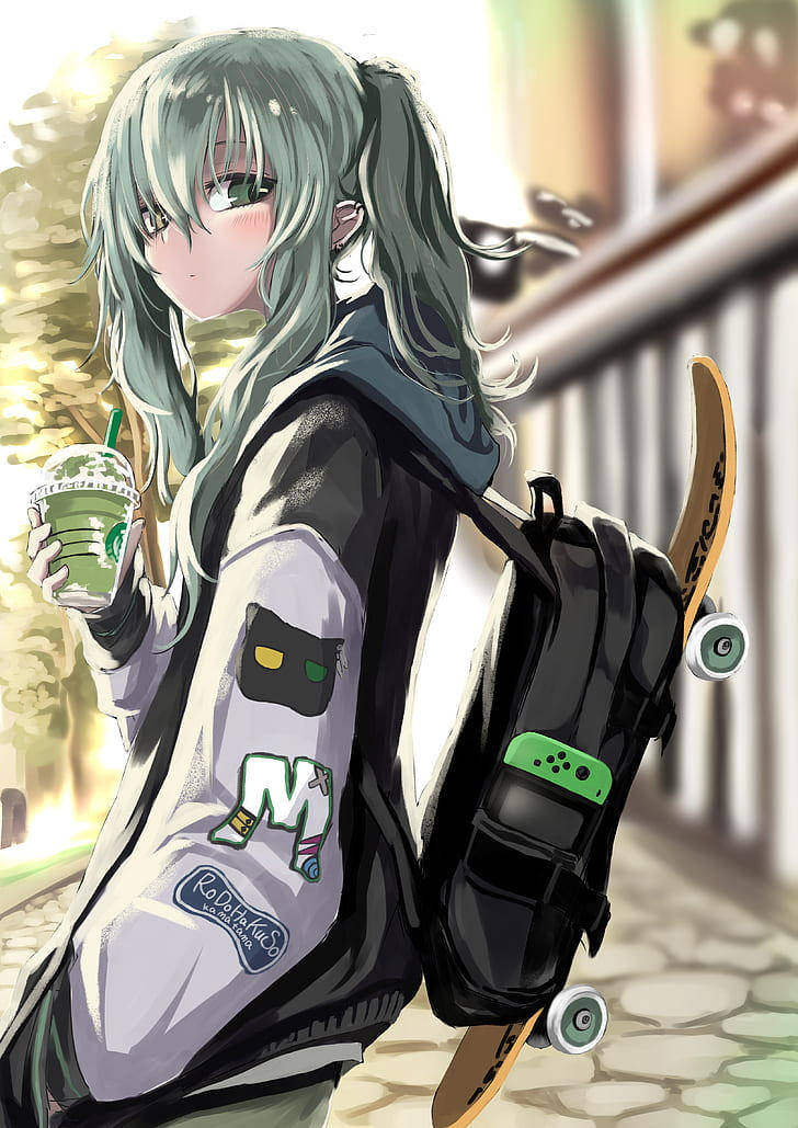 Cute Tomboy Backpack Skateboard Green Hair Background