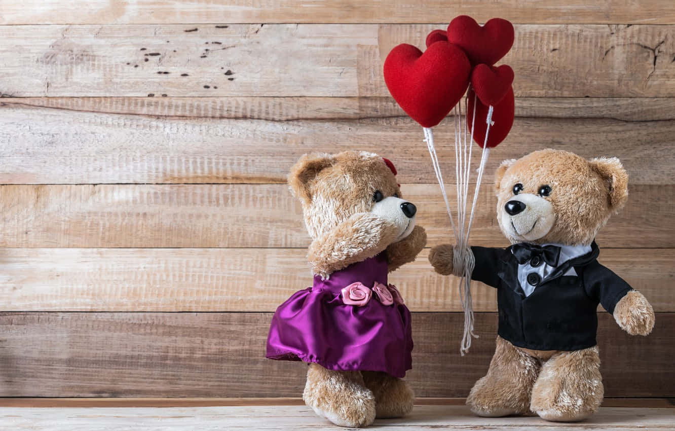 Cute Valentines Day Teddy Bears With Red Heart Balloons
