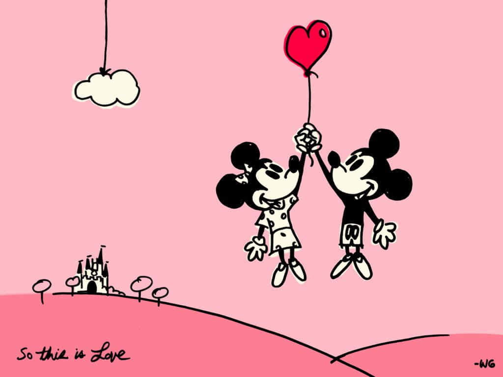 Cute Valentines Minnie And Mickey Pink Digital Drawing