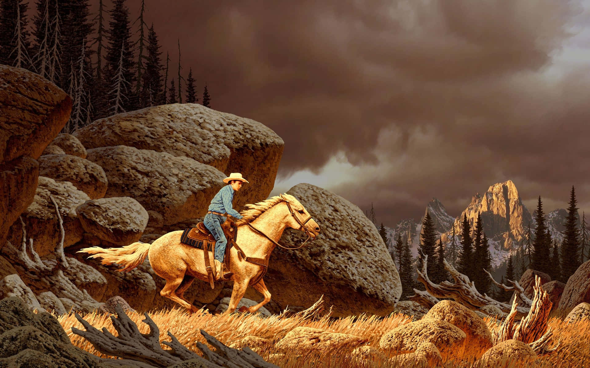 Cute Western Cowboy Riding Horse Background