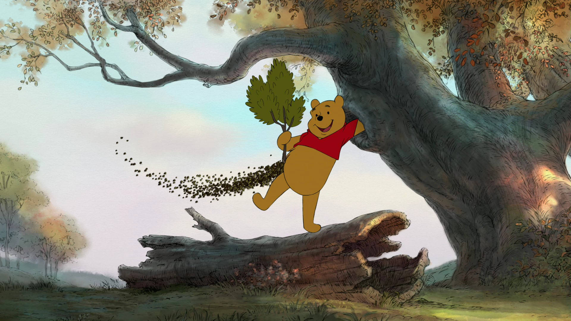 Cute Winnie The Pooh Holding A Branch Background