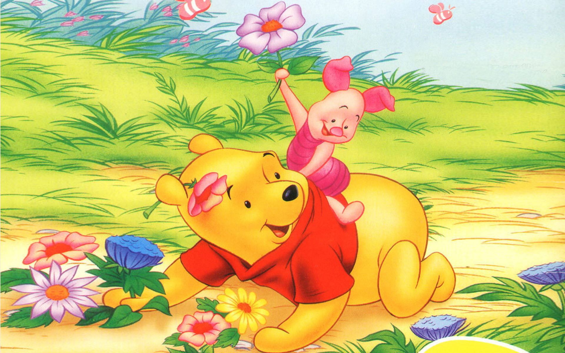 Cute Winnie The Pooh Picking Flowers Background