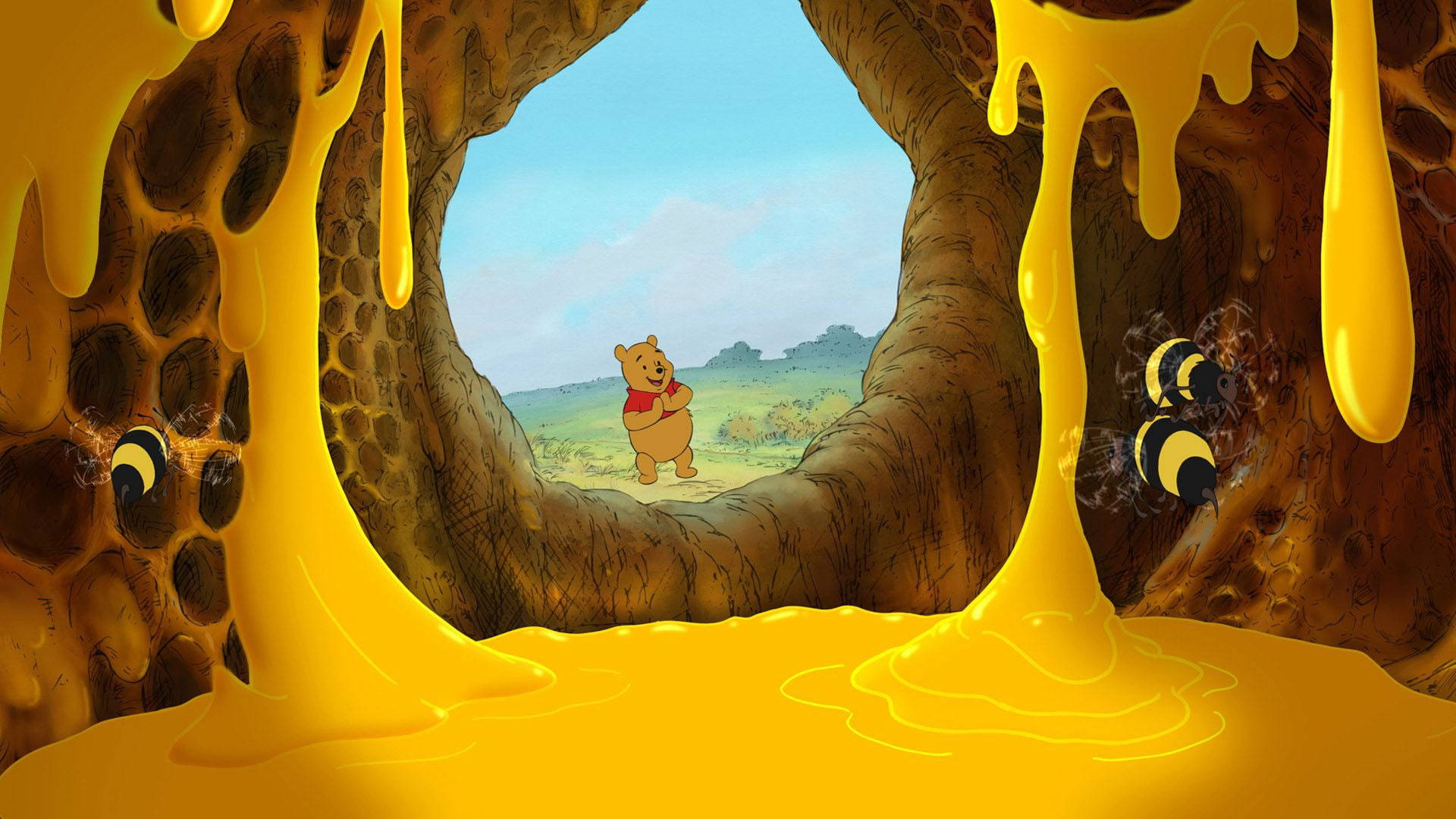Cute Winnie The Pooh With Honeybees Background