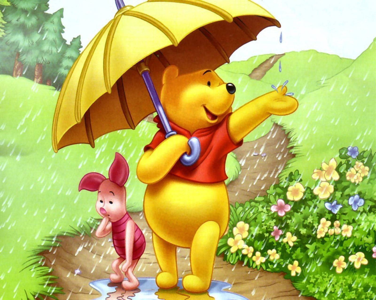 Cute Winnie The Pooh With Umbrella Background