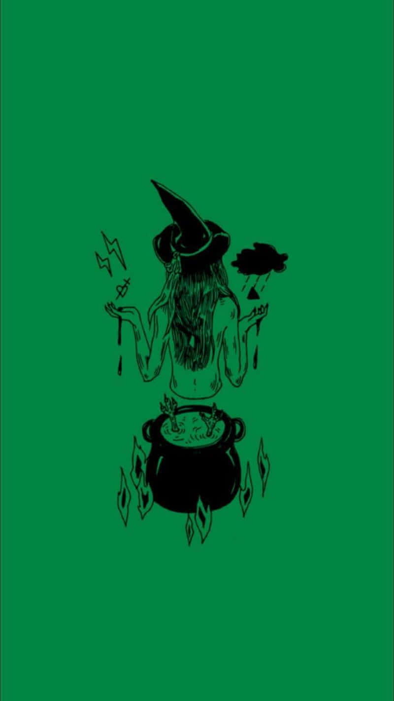 Cute Witchy Floating Above Cauldron