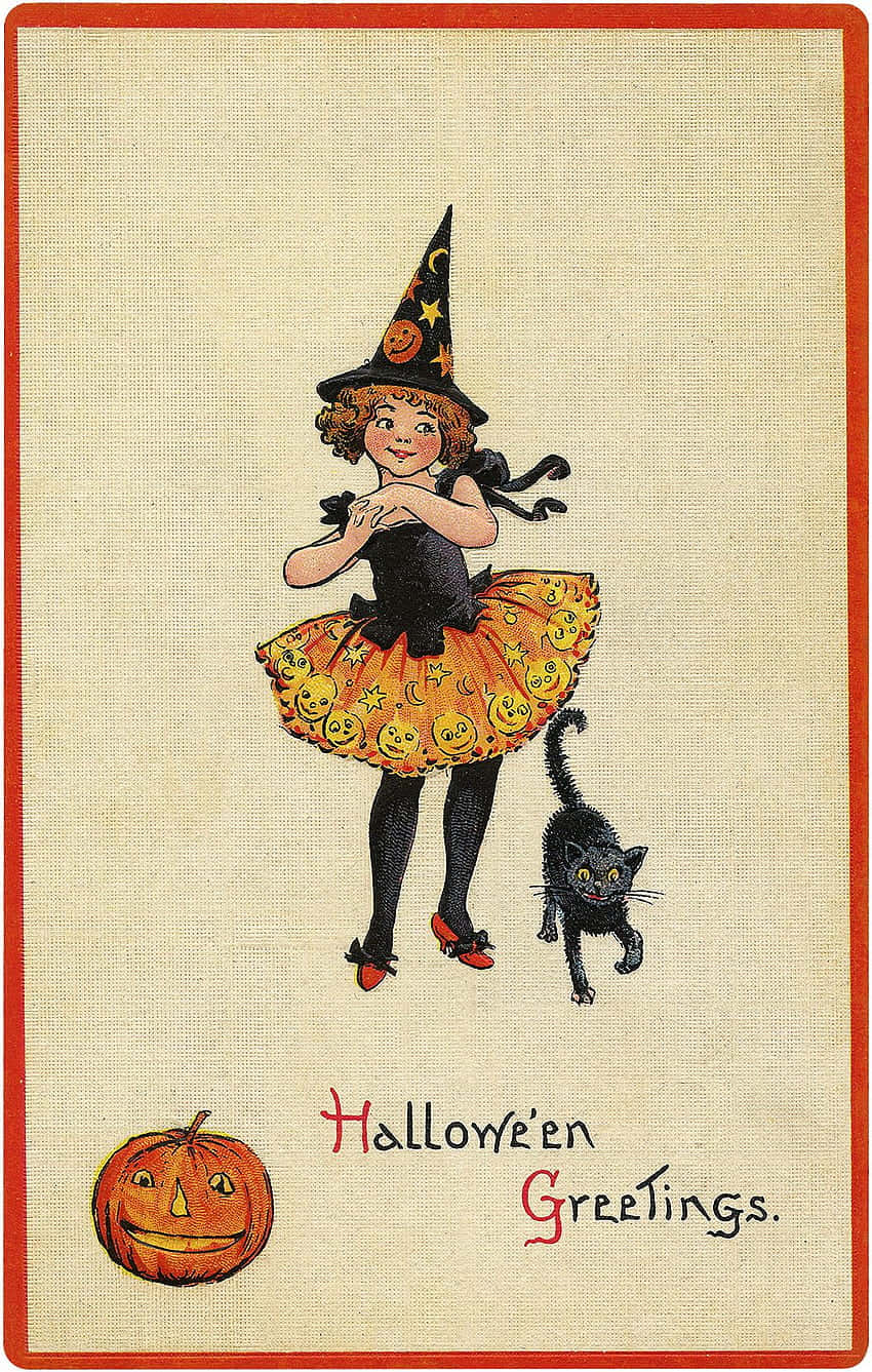 Cute Witchy Girl Beside Black Cat Background