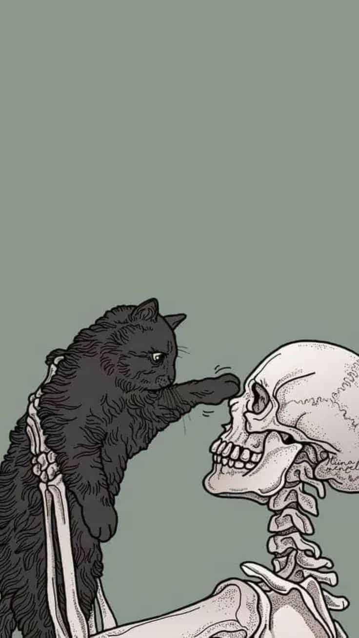 Cute Witchy Skeleton Holding Up Cat Background