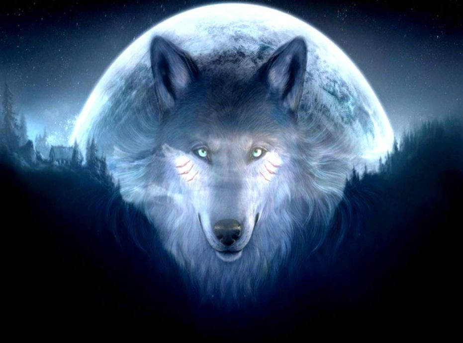 Cute Wolf Blue Moon Background
