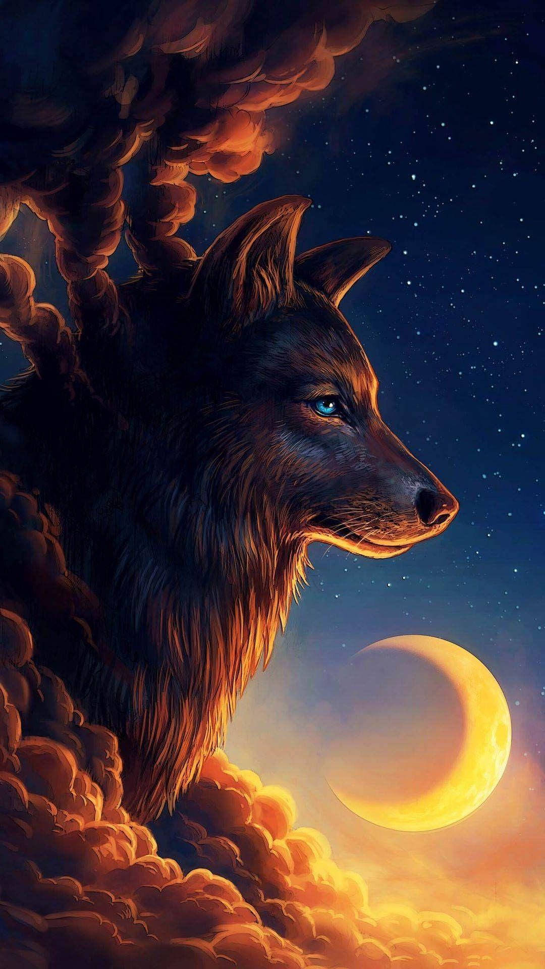 Cute Wolf Hd Crescent Moon Background