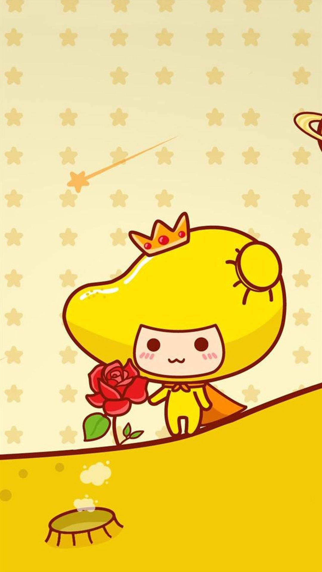 Cute Yellow Character Near Red Rose Background