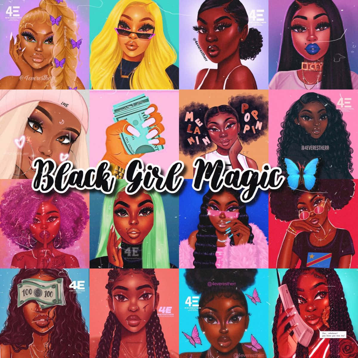 Cute Young Black Women Digital Illustrations Collage