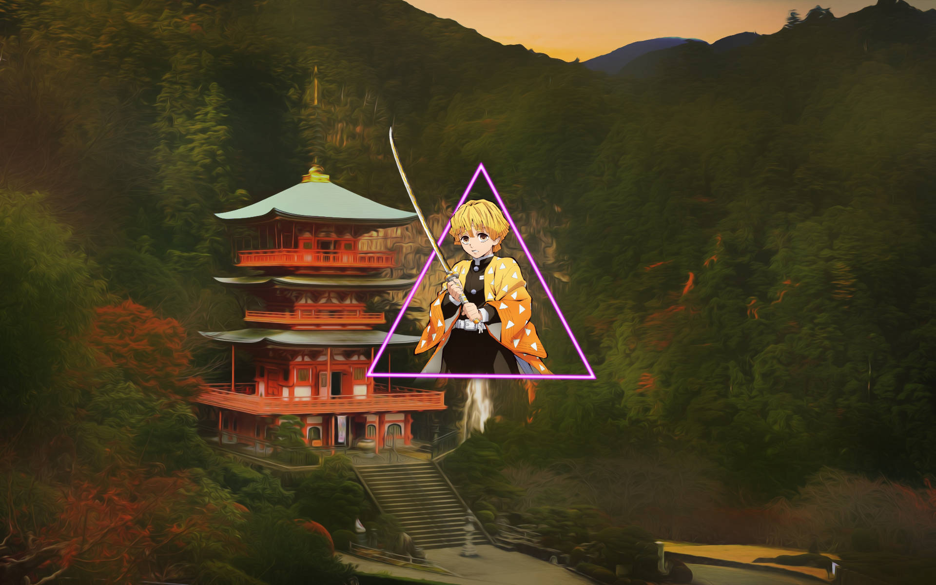 Cute Zenitsu Inside Pink Triangle Background