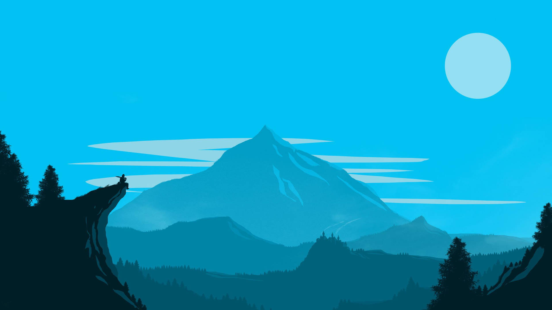 Cyan Mountain And Moon Illustration Background