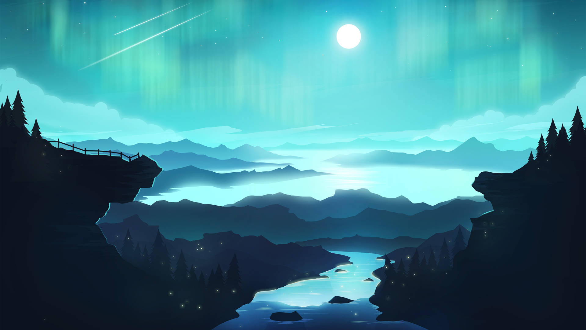 Cyan Northern Lights Landscape Background