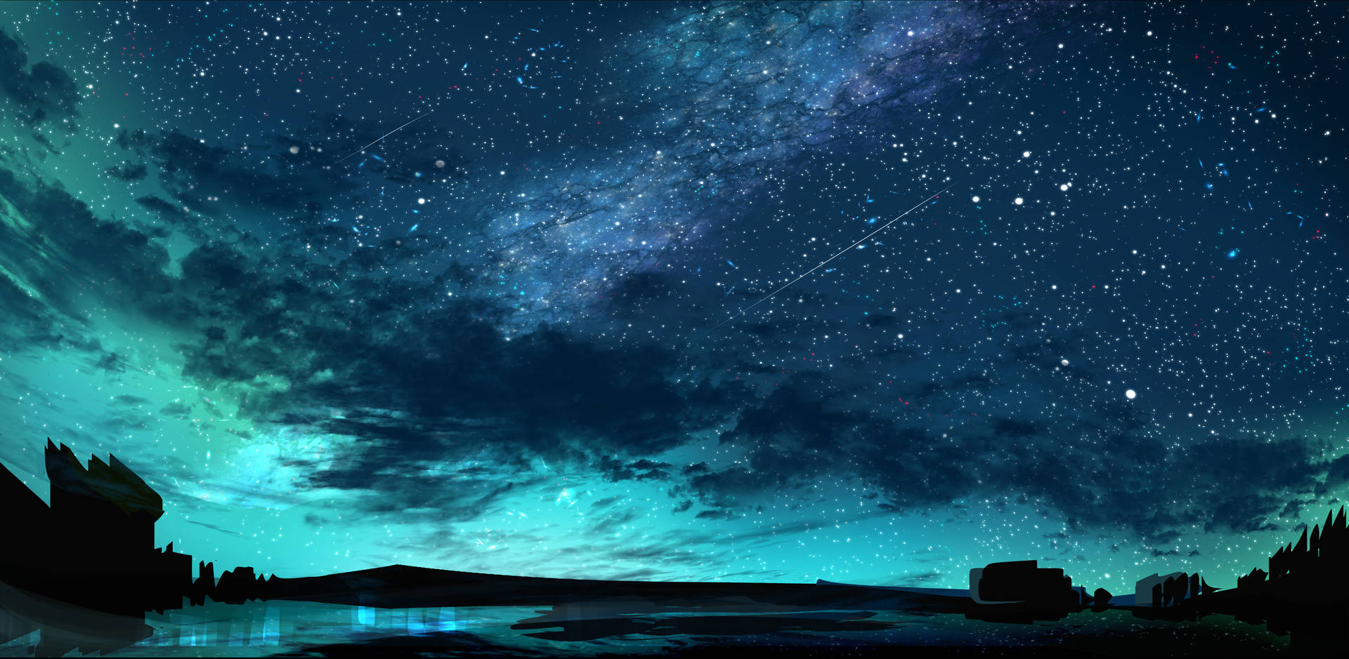 Cyan Scenery Anime Night Sky