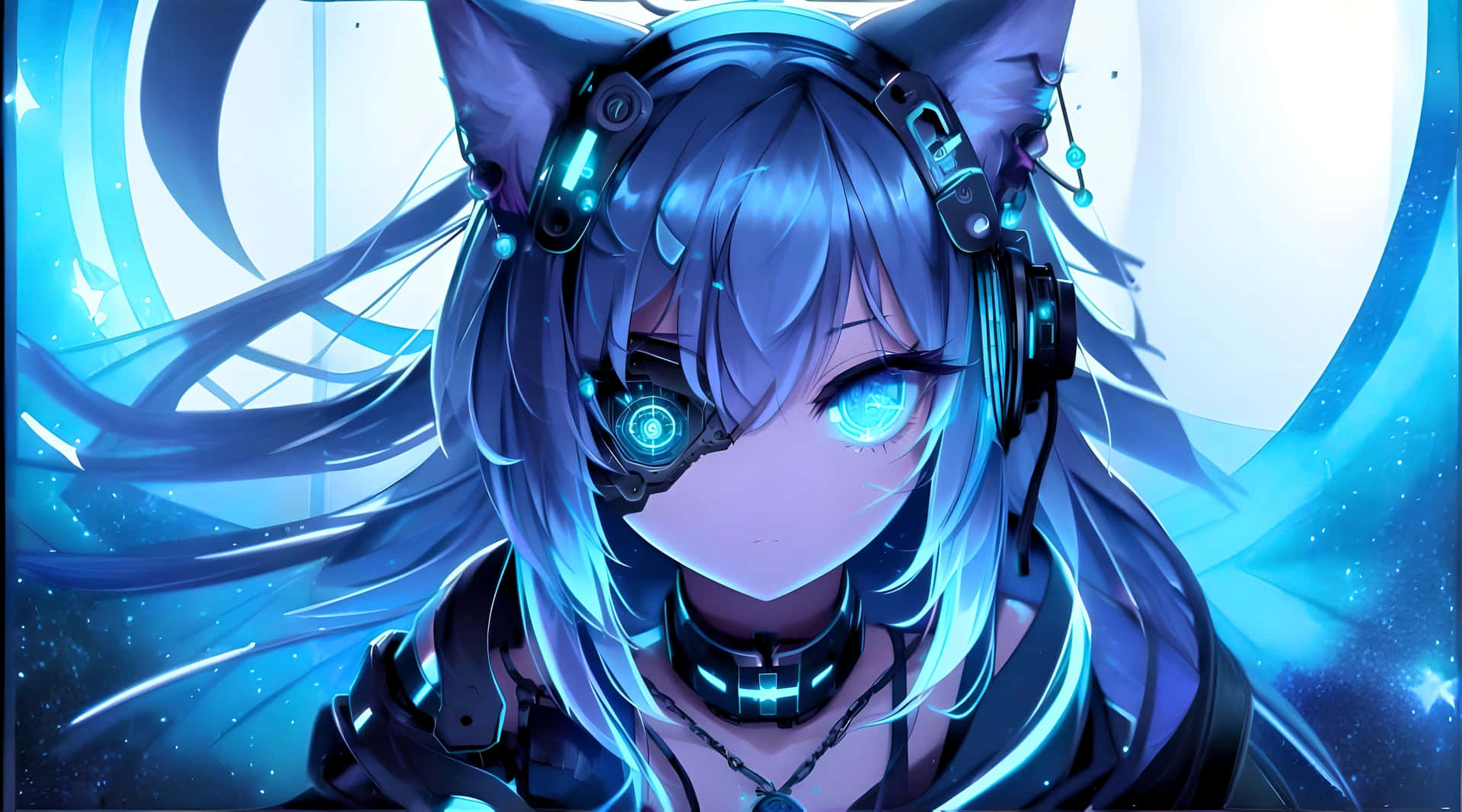 Cybernetic Anime Girl Blue Aura Background