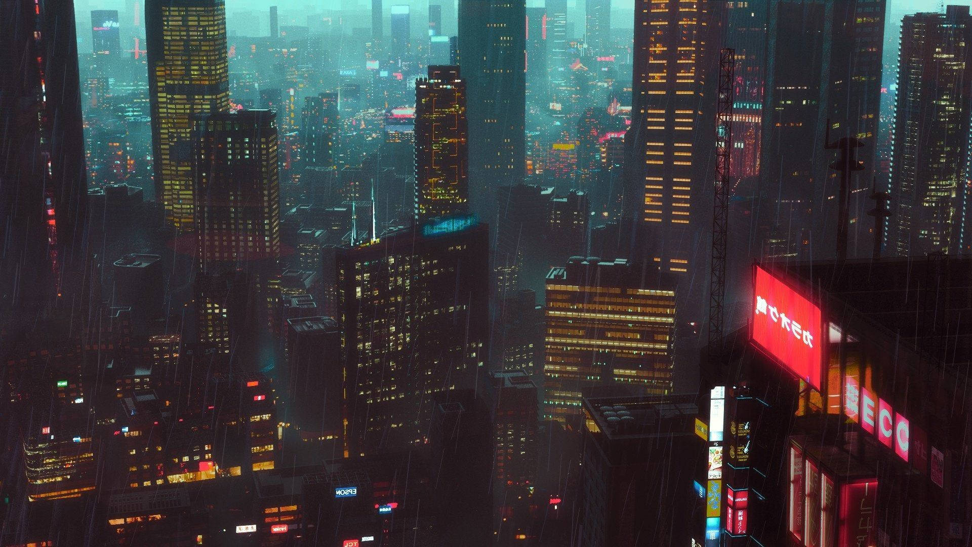 Cyberpunk 1920x1080 Rainy Japan City High Angle Shot Background