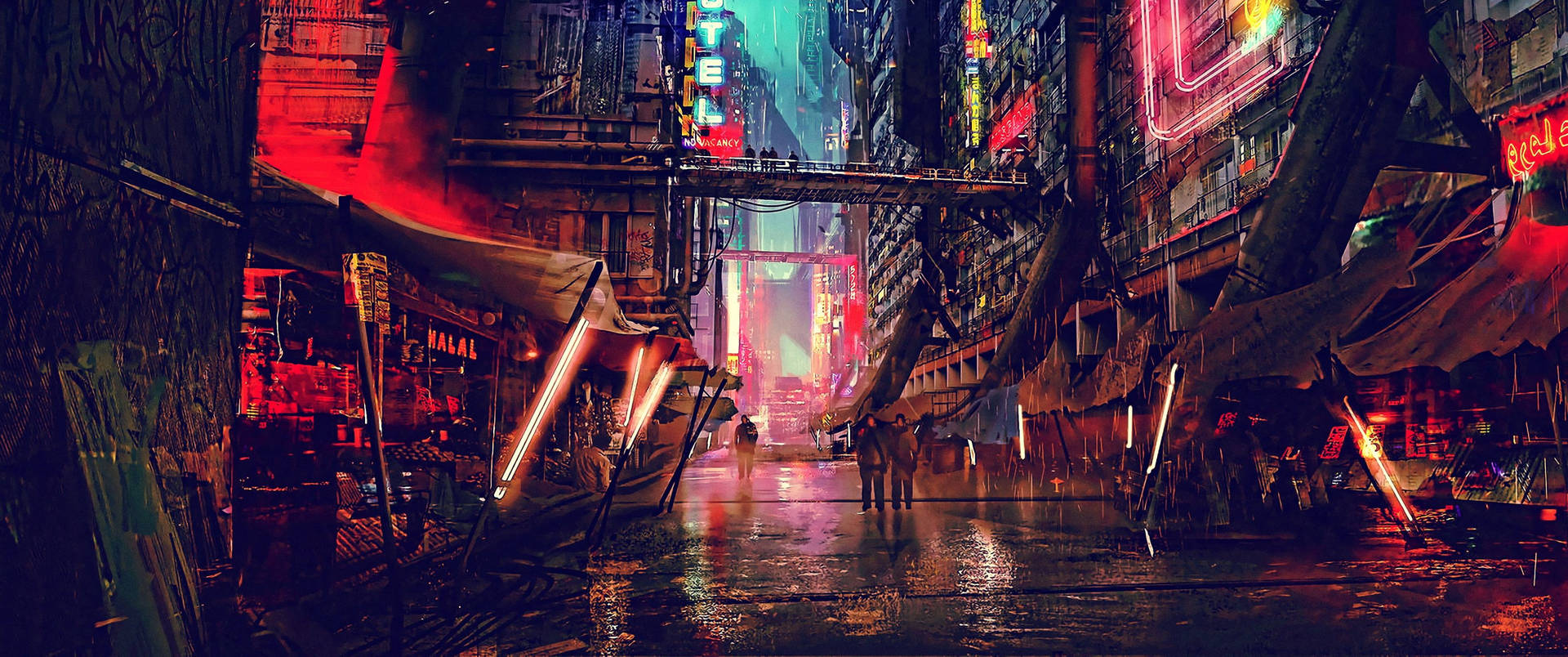 Cyberpunk 3440x1440 City Street Futuristic Background