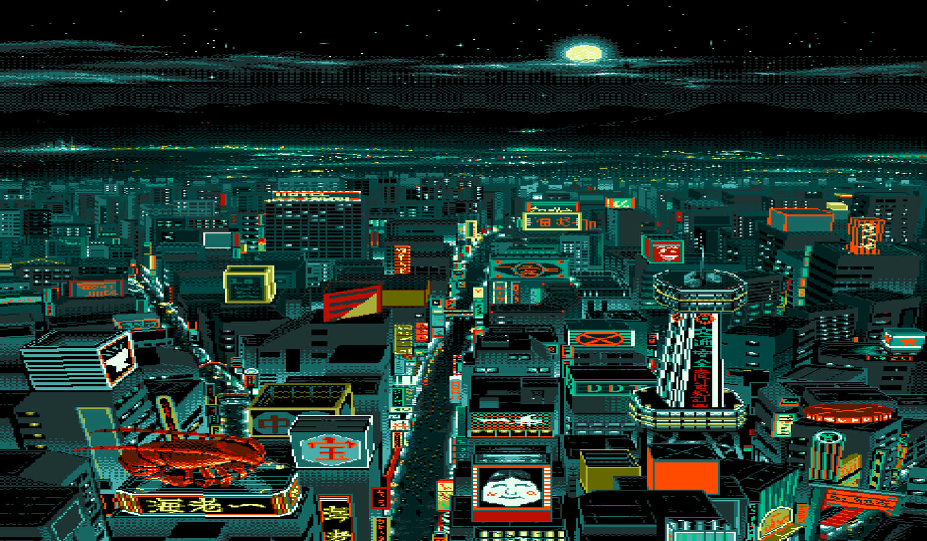 Cyberpunk Aerial City Nightscape Pixel Art Background