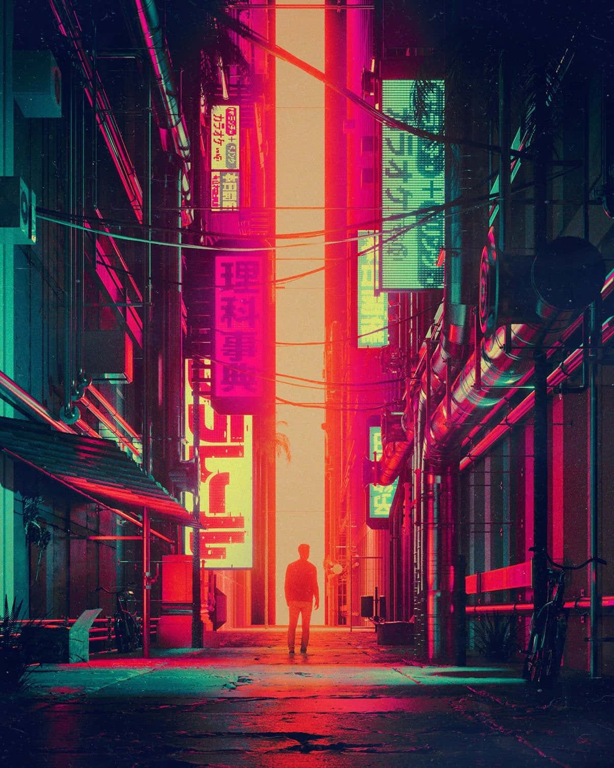 Cyberpunk Alleyway Silhouette Background