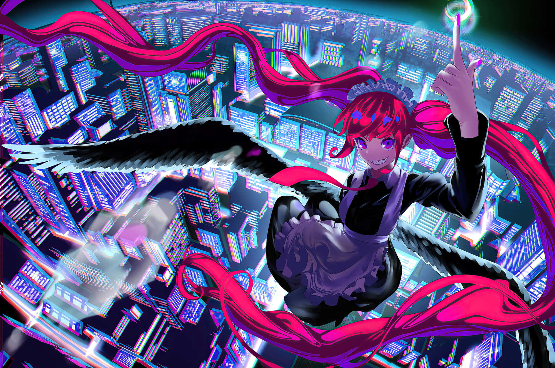 Cyberpunk Anime Girl Flying Over City Background